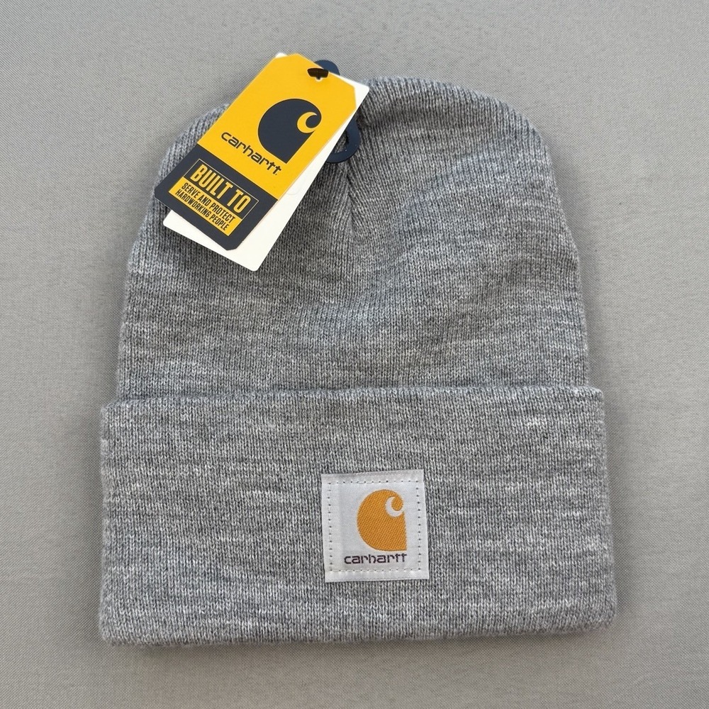 NEW Carhartt Beanie Adult One Size‎ Gray Logo & Patch Knit Hat Mens OS